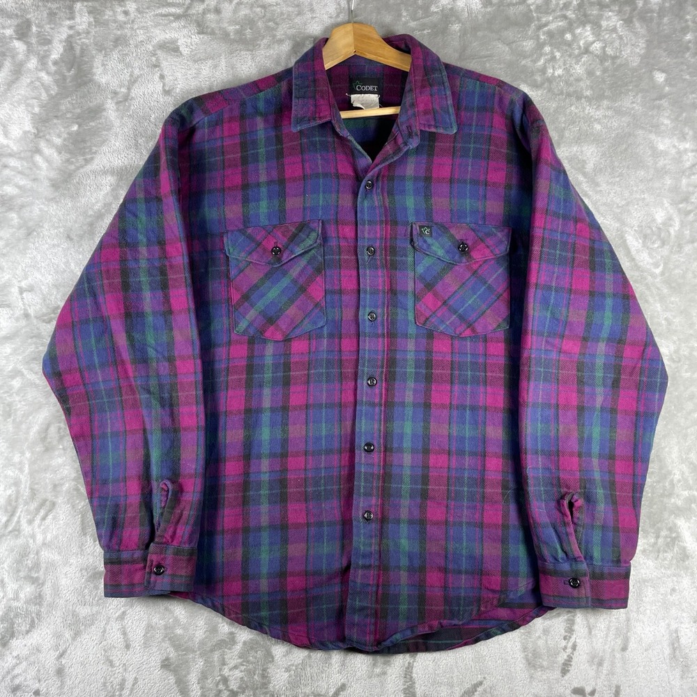 Vintage 1980s Made in USA Woven Cotton Flannel Shirt Mens XL Codet Heavyweight